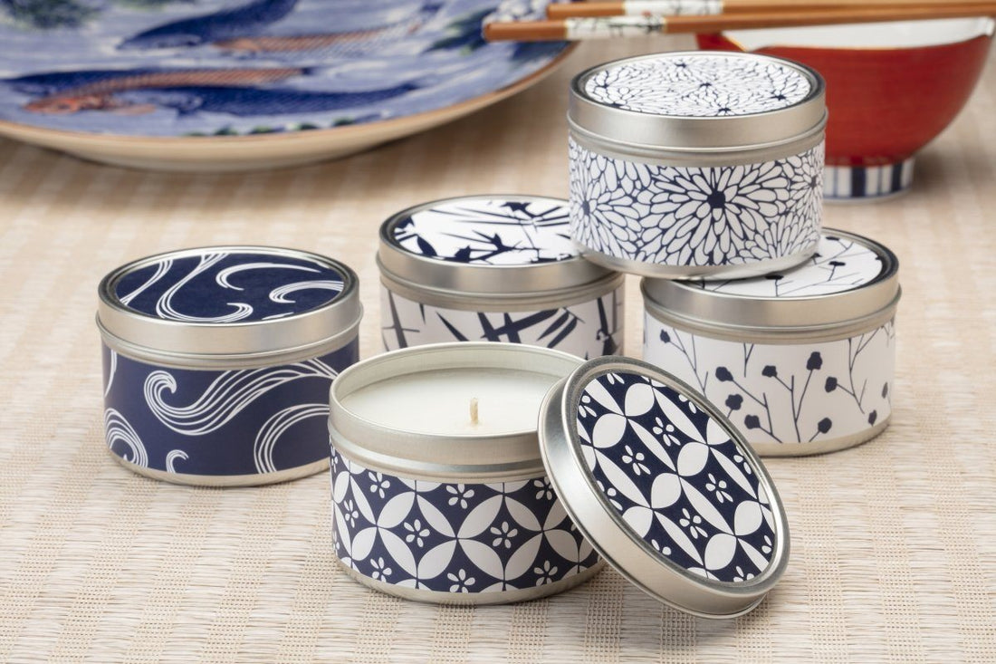 Blue and White Japanese Candles - ethically made candles and gifts that give back. Handpoured by women artisans at Prosperity Candle
